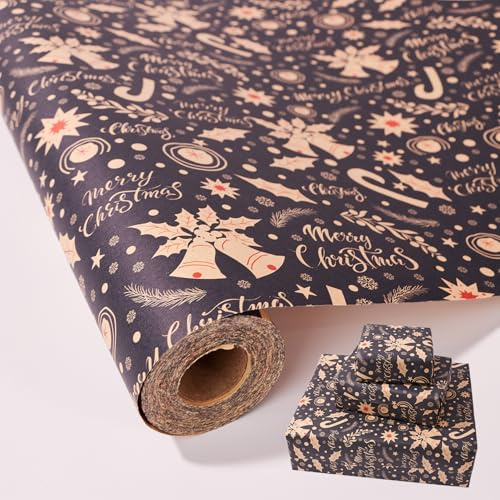 Christmas Wrapping Paper Roll,43cm x 10m Xmas Gift Wrapping Paper,Kraft Xmas Wrap paper for Christmas, Party, Festive Decorations (blue-bells)