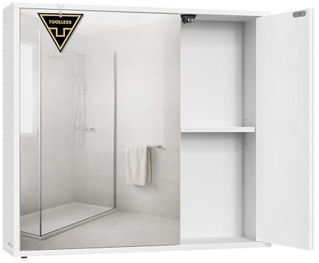 SONGMICS HOME Mobiletto da Bagno con Specchio, Montaggio Rapido Senza Attrezzi Toolless, Specchio con Vano Contenitore, Ripiani Regolabili e Ante, Moderno, 15 x 60 x 55 cm, Bianco Neve BBC114WE01