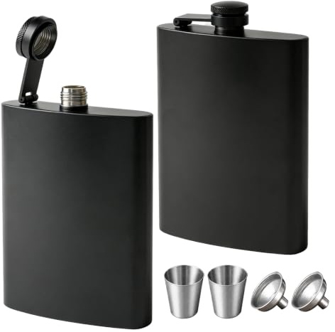 TQIOQIY Stainless Steel Hip Flask 8oz Black - Metal Flask for Whiskey Liquor, Small Pocket Flask with Funnel & Cup, Mini Flask for Men Women Travel Camping Gifts (2 Pack)