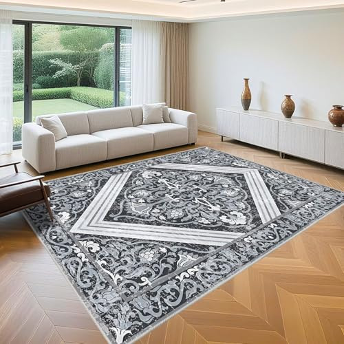 QGYFRE Tappeto Cucina Antiscivolo tappeti da salotto 120x140cm Grigio Blu Fiori retro for Letto,Cameretta Bambina,Esterno Guida Corridoio