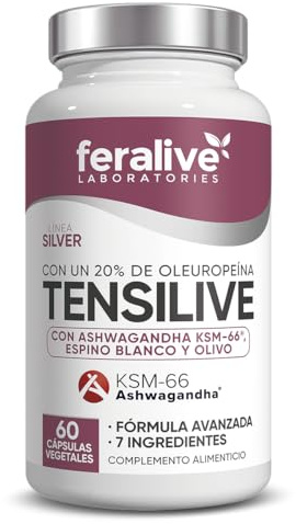 Feralive Laboratories Tensilive 60 Cápsulas – Espino Blanco + Olivo 20% Oleuropeína + Ashwagandha KSM‑66® + Ajo Negro, Hibisco y Moringa – Suplemento para Circulación, Estrés, Bienestar Cardiovascular
