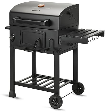 Big Smokey Black Label Charcoal BBQ | American Style Barrel Grill with Cast Iron Cooking Grates, Adjustable Charcoal Tray, Temperature Gauge, Side Table & Wheels | Outdoor Garden Barbecue