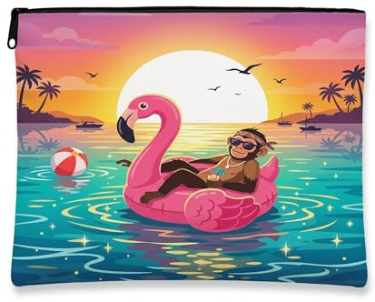 Funny Monkey Makeup Bag, Flamingos Lifebuoys Sea Cosmetic Travel Pouch for Women, Gifts for Girls, Animal Portable Small Canvas Zipper Organizer 7x9 Inch