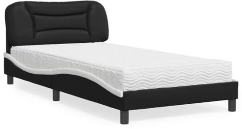 YunCangg Säng med madrass Hvar svart vit 100 x 200 cm konstläder metallram huvudgavel bekväm sömn med vändmadrass H2 H3 modern sovrumslösning
