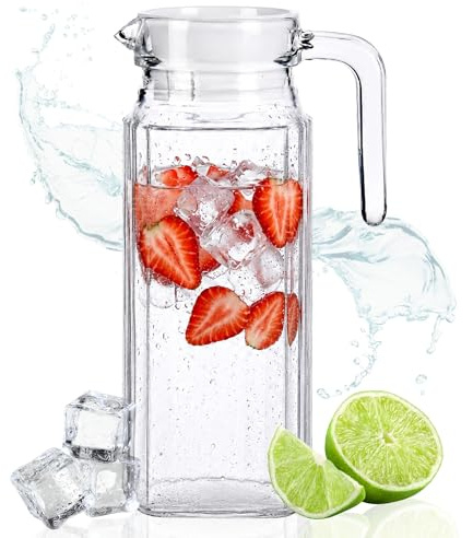 Caraffa in vetro da 1 litro con coperchio, caraffa d'acqua in vetro per frigorifero e tavolo, per acqua, succhi, latte e infusi, design compatto per cucina, casa e ufficio (x1, 1 litro)