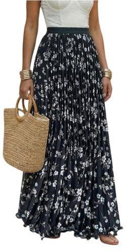 Jupe Longue Plissée à Fleurs pour Femme - Jupes Maxi Taille Haute Élastique Imprimé Floral Fluide et Légère Style Boho Chic pour Vacances Soirée Quotidien