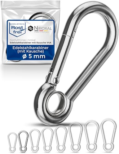 50 unidades 5-mm Mosquetón de acero inoxidable tipo gancho con guardacabo ce V4A corma robusta con ojo carga de ruptura 800 kg bomberos 316 5x50-mm