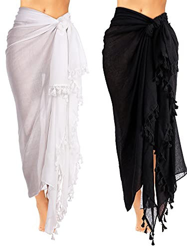 2 Copricostumi Parei da Spiaggia Sarong Lungo per Donna (Nero, Bianco, M)