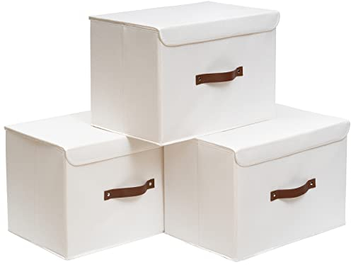 OUTBROS Aufbewahrungsboxe mit Deckel, 38 x 25 x 25 cm, Faltbare Stoffboxen,Aufbewahrungskörbe,kleiderschrank Organizer,Regalkörbe,Weiß,3 Stück,ST02WS3
