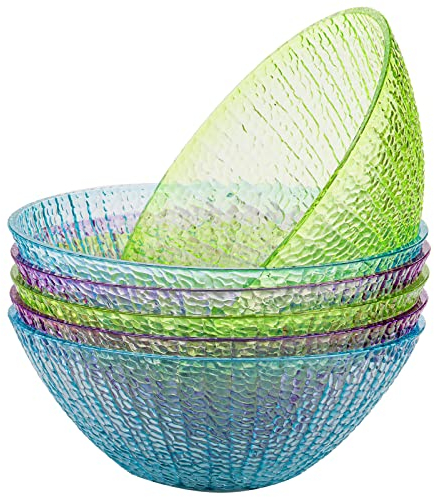 Frcctre Set of 6 Plastic Mixing Bowls Set, 96 Oz Neon Color Plastic Salad Bowl Hammered Serving Bowls, 10 Inch Round Large Bowls for Party, Snack, Salad, Chip, Popcorn