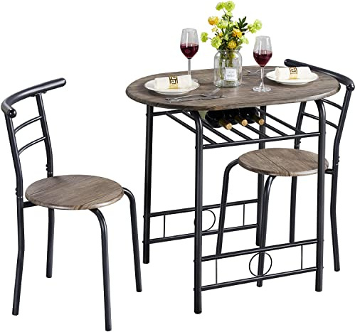 Yaheetech Ensemble de Table à Manger avec 2 Chaises, Ensemble de Meubles 3 pièces de Cuisine avec Porte-Bouteilles, pour Petit Espace, Jardin, Studio Grain de Bois Gris Foncé et Noir