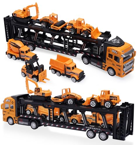 Crelloci 7pcs Construction Truck Toys Cars Transporter Diggers Dumpers Excavator Set Pull Back Diecast Lorry Toy Car Kids Play Vehicles for Boys 3 4 Year Old