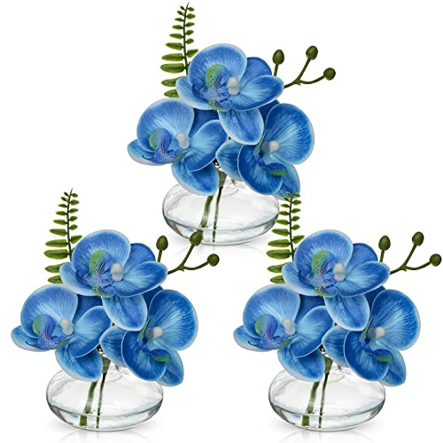 Briful Set di 3 orchidee artificiali in vaso di vetro, fiori finti in acqua sintetica, per decorazione soggiorno, bagno, ufficio