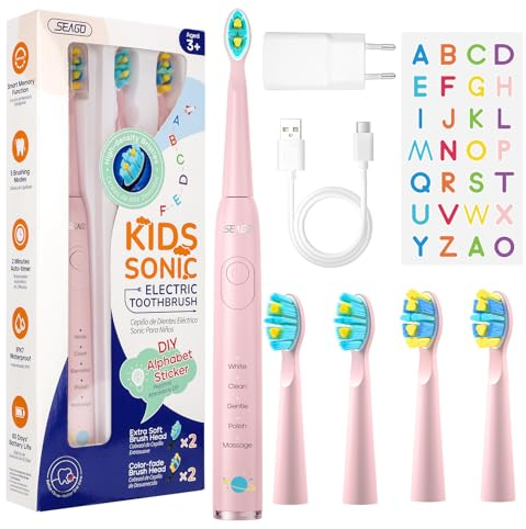 Seago Spazzolino elettrico per bambini dai 6, spazzolino da denti per bambini con timer intelligente, 4 testine di ricambio morbide, 5 modalità di pulizia, IPX7 impermeabile, 2 lettere adesive