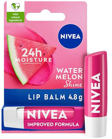 NIVEA Watermelon Shine Lip Balm (4.8g), Flavoured Lip Balm with Shea Butter, Natural Oils and Vitamins, Provides 24h Moisture and a Pink Shine, Vegan Lip Care Formula