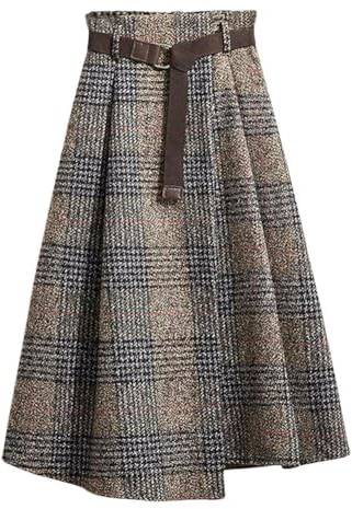 chouyatou Women's Vintage Plaid Wool Blend Midi Skirt Houndstooth A Line Wool Long Skirt with Belt (Medium, Gray)