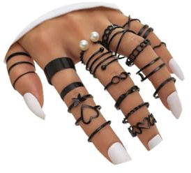 LICHUANUK 22pcs Vintage Silber Punk Ringe Set für Männer Frauen Offene Knuckle Emo Ring Stapelbare Gothic Rings Set Fingerringe Boho,Schwarz