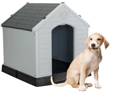 Aqpet Niche pour Chien en Plastique pour extérieur, intérieur, Maison, Jardin, imperméable, avec Sol surélevé, pour Chien, Taille Moyenne, 87 x 78 x 81 H, Gris