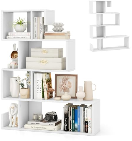 HOMASIS Bücherregal mit 5 Ebenen, S-Form Standregal mit offen Ablagen, Aufbewahrungsregal Holz, Stufenregal Treppenregal mit Kippschutz, Raumteiler für Wohnzimmer Arbeitszimmer, 80x22x100cm (Weiß)