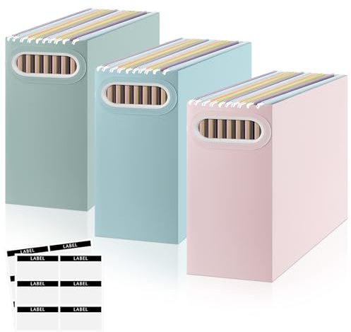 PerKoop 3 Pcs Morandi Color Hanging File Organizer Collapsible Cardboard File Box with Handle and Labels Pastel Hanging Folder Organizer Letter Size for Student Teacher Office Classroom (3 Colors)