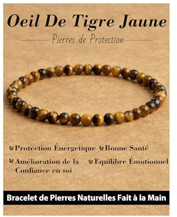 Landorilo Bracciale di Pietre Naturali Rotonde da 4 mm, Braccialetti Yoga Elastico per Uomo e Donne, Bracciali Portafortuna con Perline di Ricambio, Regali di Gioielli(R Occhio di tigre giallo)