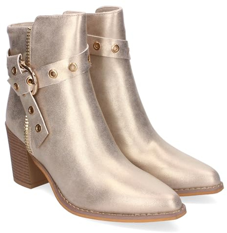 shoes&blues.es 86072 Botines de Tacon para Mujer, Comodos y Elegantes con Hebilla Decorativa y Cierre de Cremallera Lateral y Puntera Fina. Oro Talla 39