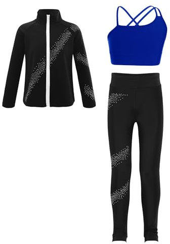 Yhong Mädchen 3 tlg Sportanzug Langarm Sportjacke + Sport BH Oberteil + Leggings Trikots Eiskunstlauf Anzug Trainingsanzug Sportbekleidung Königsblau 146-152