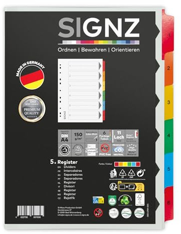 SIGNZ register DIN A4, 6 – delar, 5 stycken, extra starka skiljeblad, CO2-neutrala tillverkade, tillverkade i Tyskland