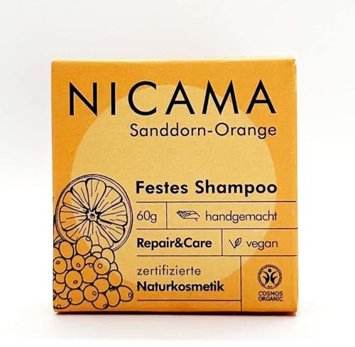 Nicama - Shampoo Sanddorn-Orange (COSMOS) – 60g - Natur-seife ohne Plastik, Vegan, Palmölfrei, Tierversuchsfrei