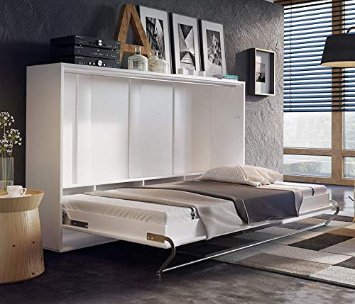 Horizontal Fold Away Wall Bed in White Matt 120cm x 200cm Space Saving Murphy Bed with Secure Locking System and Self Holding Feature