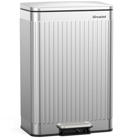 lovewind 60L Mülleimer Küche Edelstahl Silber, Pedal-Behälter mit Soft-Close Deckel, 2 herausnehmbare Einsätze mit Griff & Beutelhalter, Römisches Design, geruchsdicht, für 3-6 Personen