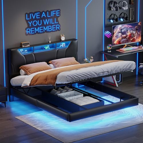BRILVERDE Lit Flottant 140x200 avec Rangement, Double avec LED et USB, Lit Coffre avec sommier à Lattes et tête de lit, pour Adultes et Adolescent, PU (Noir, 140 x 200 cm)