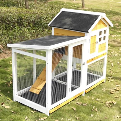 Stort Hönshus Utomhus Design Med Flera Dörrar Trähönshus Med Trappor Och Bricka Galvaniserat Trådnät Runtom Inte Rädd for Vind Och Sol for Höns Små Djur Kaniner(Yellow)