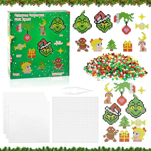 GreenYeah Perline a Fusione, 1300PCS Perline da Stirare con Carta Stiro, Clip, Pegboard, Set Gioco Creativo Natalizio Fai da Te per Bambini, Creativo Accessori Artigianali Educativi per Bambini