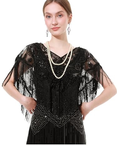soul young Women's 1920s Shawl with Fringe Sequin Evening Cape Shrug Gatsby Art Deco Gifts Ladies Wrap Flapper Dress Bridal(One size,Black)