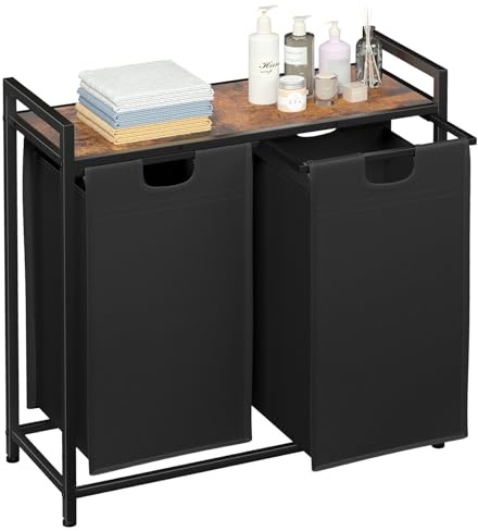 AMHANCIBLE Tvättkorg 2 fack, tvättkorg med hylla, tvättlåda, utdragbar tvättpåse av Oxfordtyg avtagbar, 38 L x 2, stålram och övre hylla, 73 x 30 x 72 cm, Rustic Braun EHLS02BR | Tvättpåse av Oxford-tyg utdragbar avtagbar, 38 L x 2, stålram och övre hylla, 73 x 30 x 72 cm, rostbrun