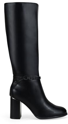 BOSANOVA Botas Altas de tacón para Mujer con Detalle metálico en la caña y Suela de Punta Redonda con tacón Efecto Madera. Cierre con Cremallera. Calzado para Mujer Negro 39