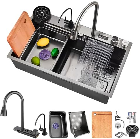 HZKSINNK Évier de cuisine, cascade, 90 x 50 cm, 1 bac noir, multifonction, en acier inoxydable, avec robinets extensibles, planche à découper, siphon, kit de trop-plein et d'écoulement - Accessoires