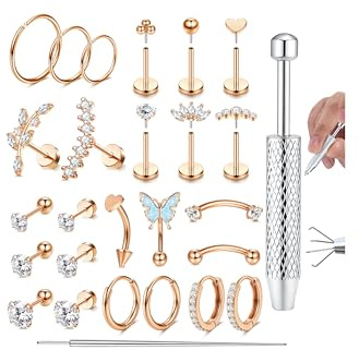 Adramata 27 Pièces Piercing Tragus Helix Acier Chirurgical Labret pour Lèvre Hypoallergénique Creoles Boucles d'Oreilles Conch Cartilage Tragus Helix Piercing Oreille Or/Argent/Or rose