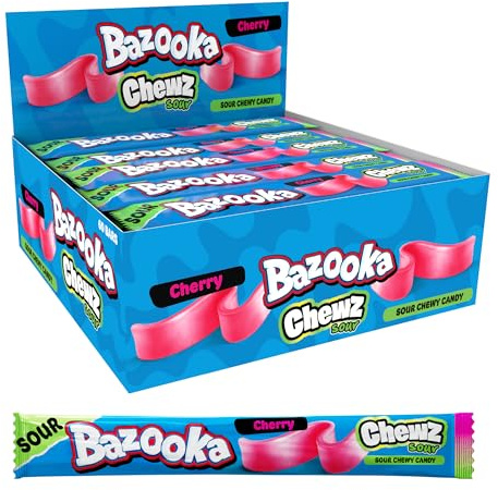 Bazooka Chewz Bar (Pack of 60) Sour Cherry Chewy Sweets, Perfect for Party Bags, 14g per Bar - Halal Sour Candy