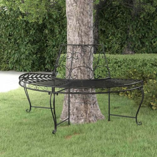 YunCangg Banc d'arbre semi-circulaire en acier noir Ø 160 cm Banc de jardin résistant aux intempéries avec dossier et accoudoirs pour terrasse, balcon, extérieur, siège dans le jardin avant et la cour