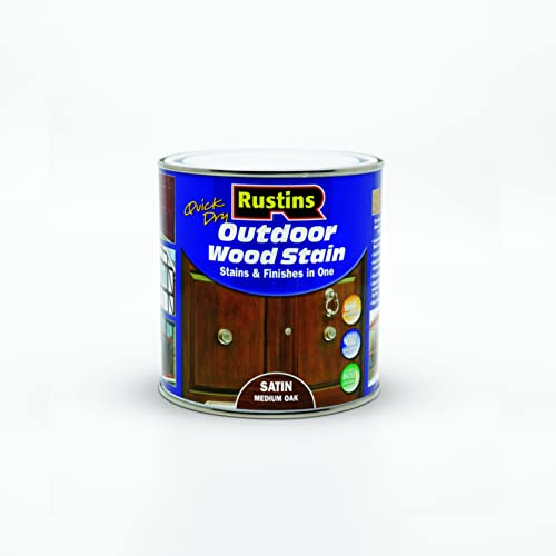 Rustins Quick Dry Outdoor Wood Stain Satin Medium Oak 250ml- Durable and Weather-Resistant Finish, Fast Drying, Vibrant Color for Decks, Fences, & Furniture, Available in Many Wood Shades
