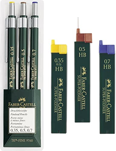 Faber-Castell 136030 - 3er Set Druckbleistifte TK-FINE 9760, Minenstärken: 0,35 mm; 0,5 mm + 0,7 mm, Schaftfarbe: grün | Eco Bundle mit Ersatzminen HB