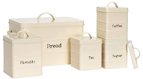 Harbour Housewares Metal Kitchen Canisters Set - Cream - 5pc Set - Vintage Loose Tea Coffee Beans Granulated Sugar Storage Container Biscuit Tin Caddy Bread Bin Storage with Airtight Lid
