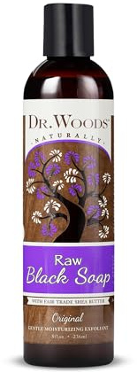 Dr. Woods Raw African Liquid Black Soap - Body Wash for Men and Women, Contains Organic Shea Butter, Gentle Exfoliant, Natural Cleanser for Face, Hands, and Body - 8 Fl Oz