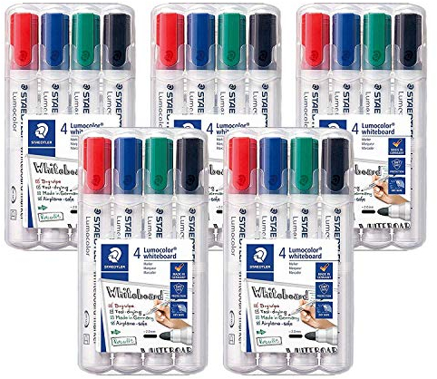 STAEDTLER Lumocolor 351 WP4 Whiteboard-Marker, Rundspitze, Etui mit 4 Farben (farbsortiert, 4er Marker Set | 5 STK.)