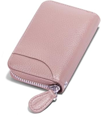 Womens Credit Card Holder Small Rfid Blocking Ladies Wallet with Stainless Steel Zipper Excellent Genuine Leather Accordion Wallets Case for Women ID Compact Slim Blocked Zip Accordian Cards Pink