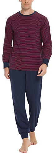 Sykooria Pijama Hombre Algodón Conjunto de Pijama de Manga Larga Ropa de Dormir 2 Piezas Conjunto de Pijama a Rayas y Pantalones Largos con Bolsillos S-3XL(Rojo,M)