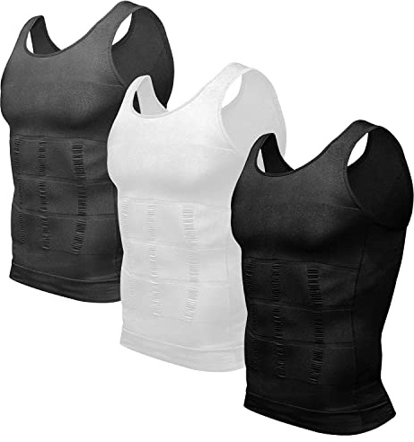 Odoland 3 Packs Men's Body Shaper Base Layer Shirt, Tummy Waist Shirt, Compression Base Layer Muscle Shape wear for Men, Grey/Black/White, L