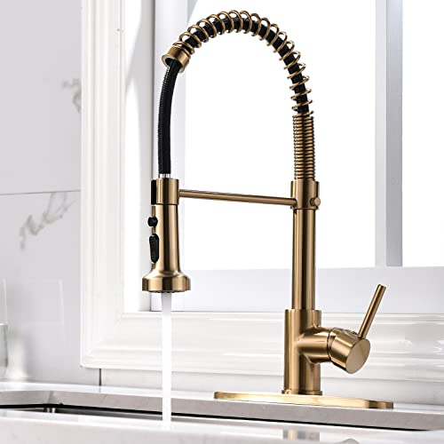 TIMACO Küchenarmatur Gebürstetes Gold mit 360° Drehbar, mit Pull-Down-Sprühgerät Armatur Mischbatterie, handelsüblicher Einhand-Küchenarmatur aus gebürstetem Gold Wasserhahn Küche